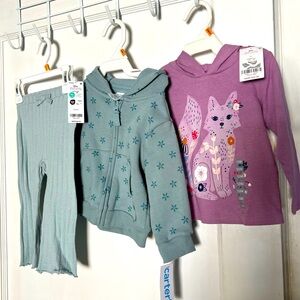 NWT Carters girls size 12 months set: fox shirt, knit hoodie, and matching pants